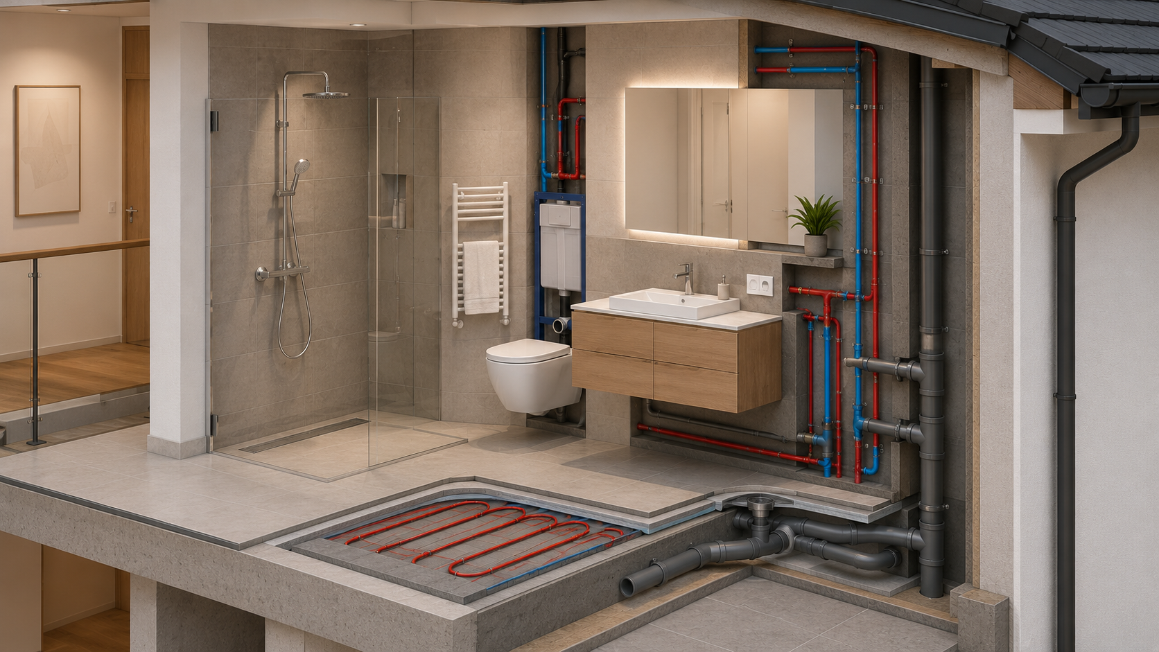 Querschnitt eines modernen Badezimmers mit bodengleicher Dusche, Waschtisch, WC und sichtbaren Warm- und Kaltwasserleitungen.