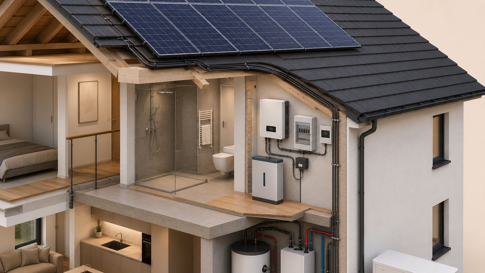 Querschnitt des Dachbereichs mit Solarmodulen, Wechselrichter, Batteriespeicher und Verrohrung zum Pufferspeicher.