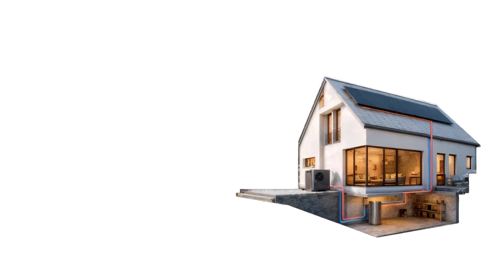 Einfamilienhaus mit Wärmepumpe, Solardach und Fußbodenheizung im Querschnitt