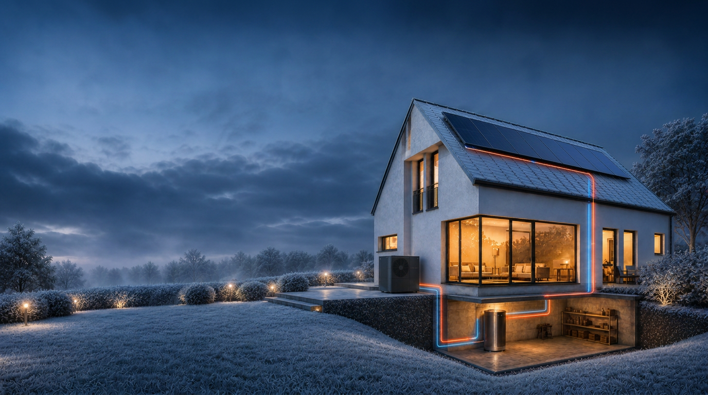 Modernes Einfamilienhaus im Winter mit Wärmepumpe an der Außenwand