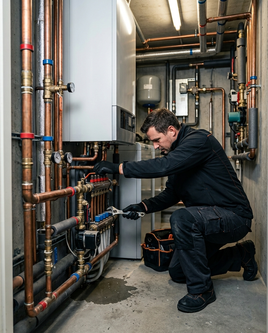 Heizungsmonteur arbeitet im Heizraum an der Hydraulik einer Heizungsanlage