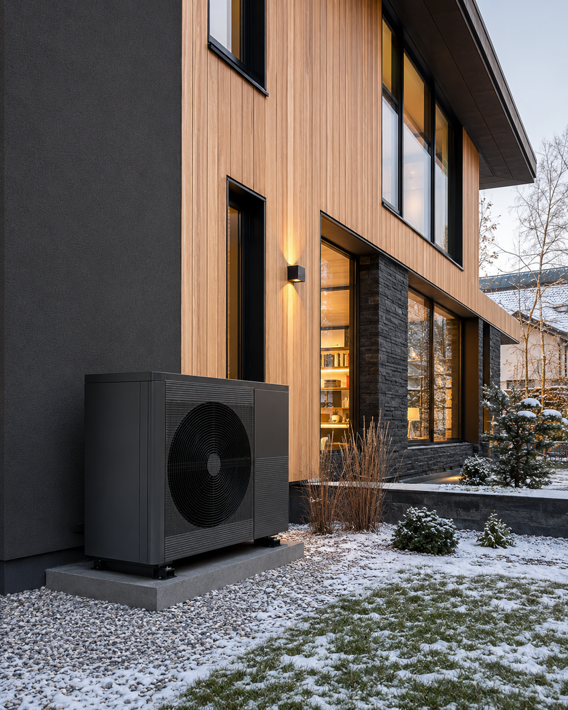 Luft-Wasser-Wärmepumpe an der Außenwand eines modernen Einfamilienhauses im Winter